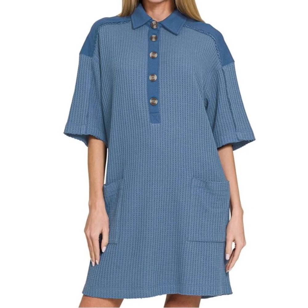 Zenana Outfitters Blue Waffle Knit Button Dress